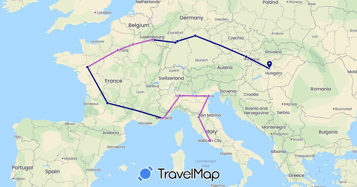 TravelMap itinerary: driving, train in Austria, Germany, France, Hungary, Italy, Luxembourg, Monaco (Europe)