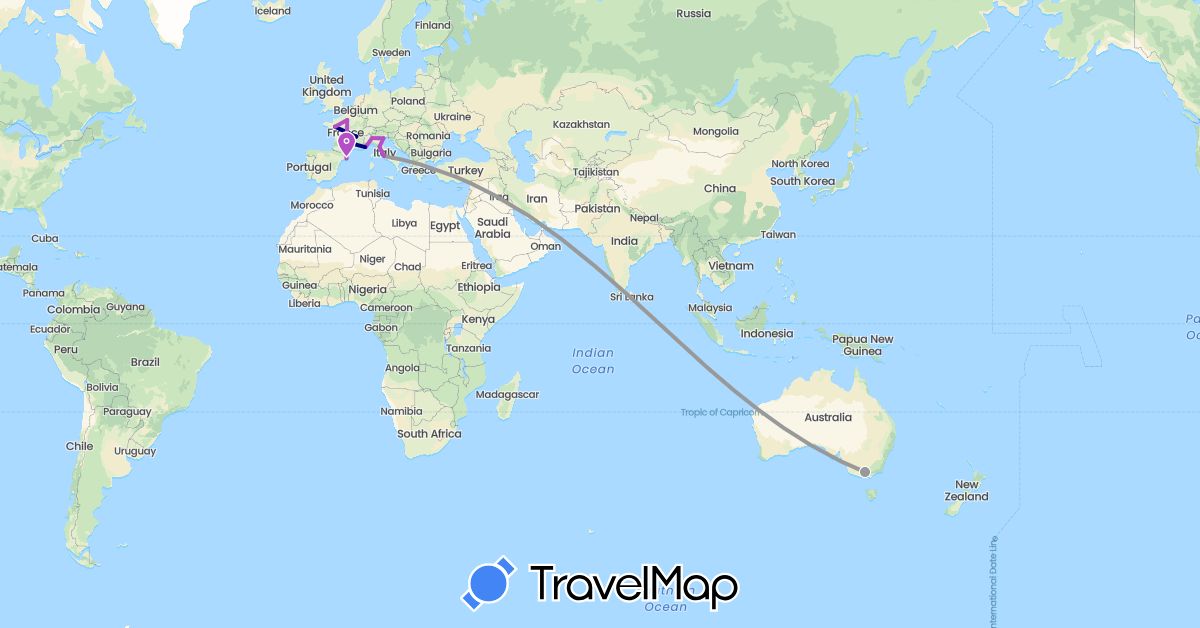 TravelMap itinerary: driving, plane, train in Australia, Spain, France, Italy, Monaco (Europe, Oceania)